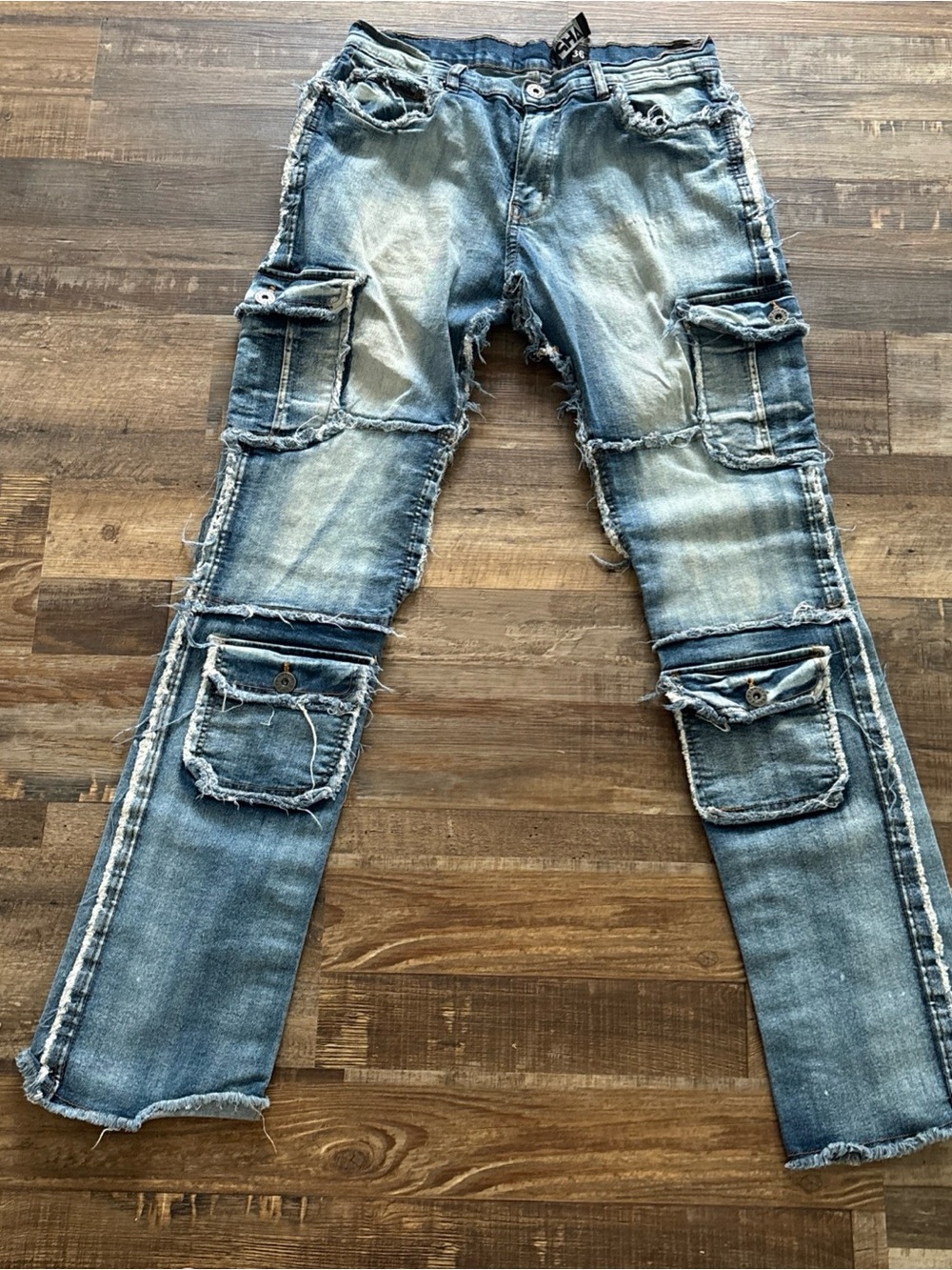 Slim-Straight Distressed Cargo Jeans in Light Blue Wash